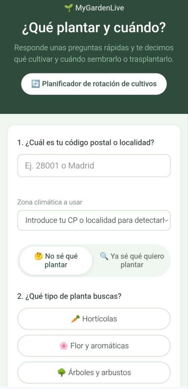 Captura de la app ¿Qué plantar y cuándo?, con el buscador de cultivos y el acceso al planificador de rotación