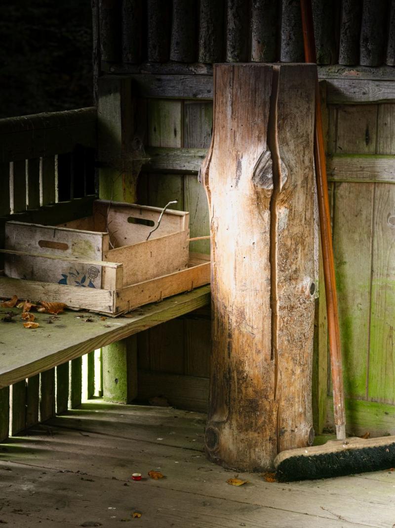 Interior de un cobertizo de jardín con cajones de madera, ilustrativo